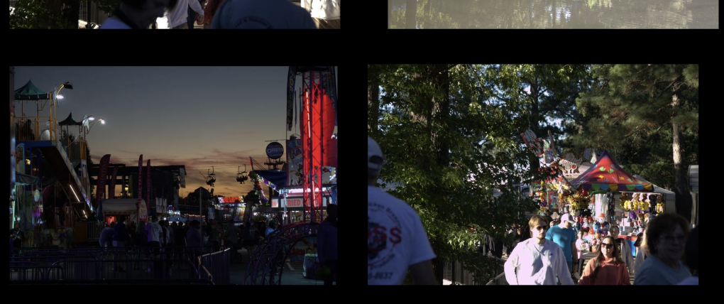 dual photo of sunset and crowd entering fair in afternoon
