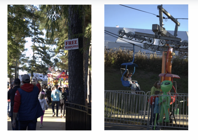 free hushpuppies sign and a kid holding an alien balloon in line
