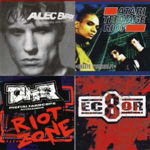 A collage of four album covers. The one in the top left corner is Alec Empire, the one in the top right corner is Atari Teenage Riot, the one in the lower left corner is the cover to a compilation album by Digital Hardcore Records, and the one in the lower right corner is of the band Ec8or.