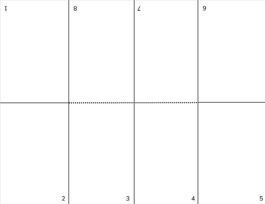 a piece of paper numbered with the top row being 1, 8, 7, 6 and the bottom row being 2, 3, 4, 5. There is a dotted line in the center to indicate where to cut.