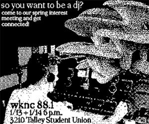Black and white graphic of a person with headphones at an audio desk, with text about an interest meeting on Jan. 13 and Jan. 14 at 6 p.m. in 3210 Talley Student Union.