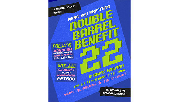 Promotional poster for "Double Barrel Benefit 22" with event details and bold geometric design.