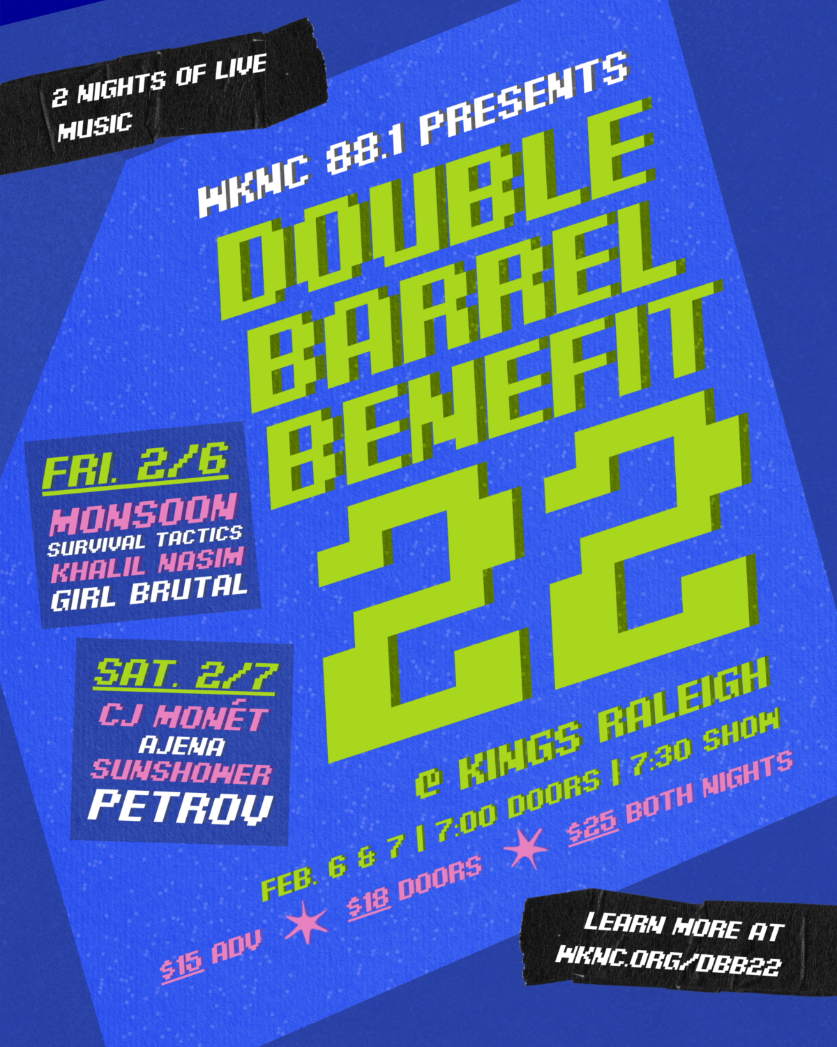 Promotional poster for "Double Barrel Benefit 22" with event details and bold geometric design.