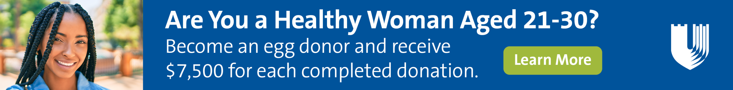 Advertisement featuring a woman smiling on the left and text about egg donation on the right.