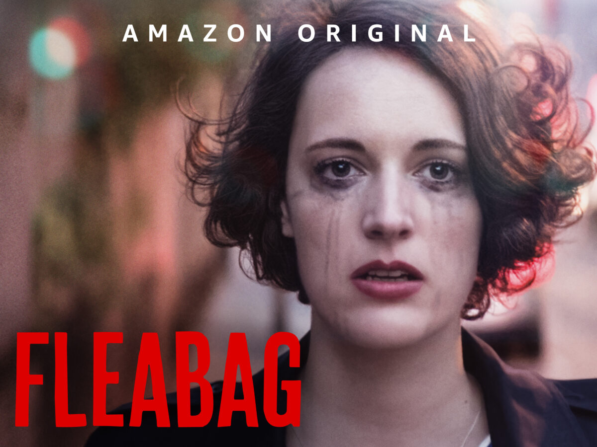 Woman with short hair facing the camera, crying. Next to her face is the word "FLEABAG" in red text