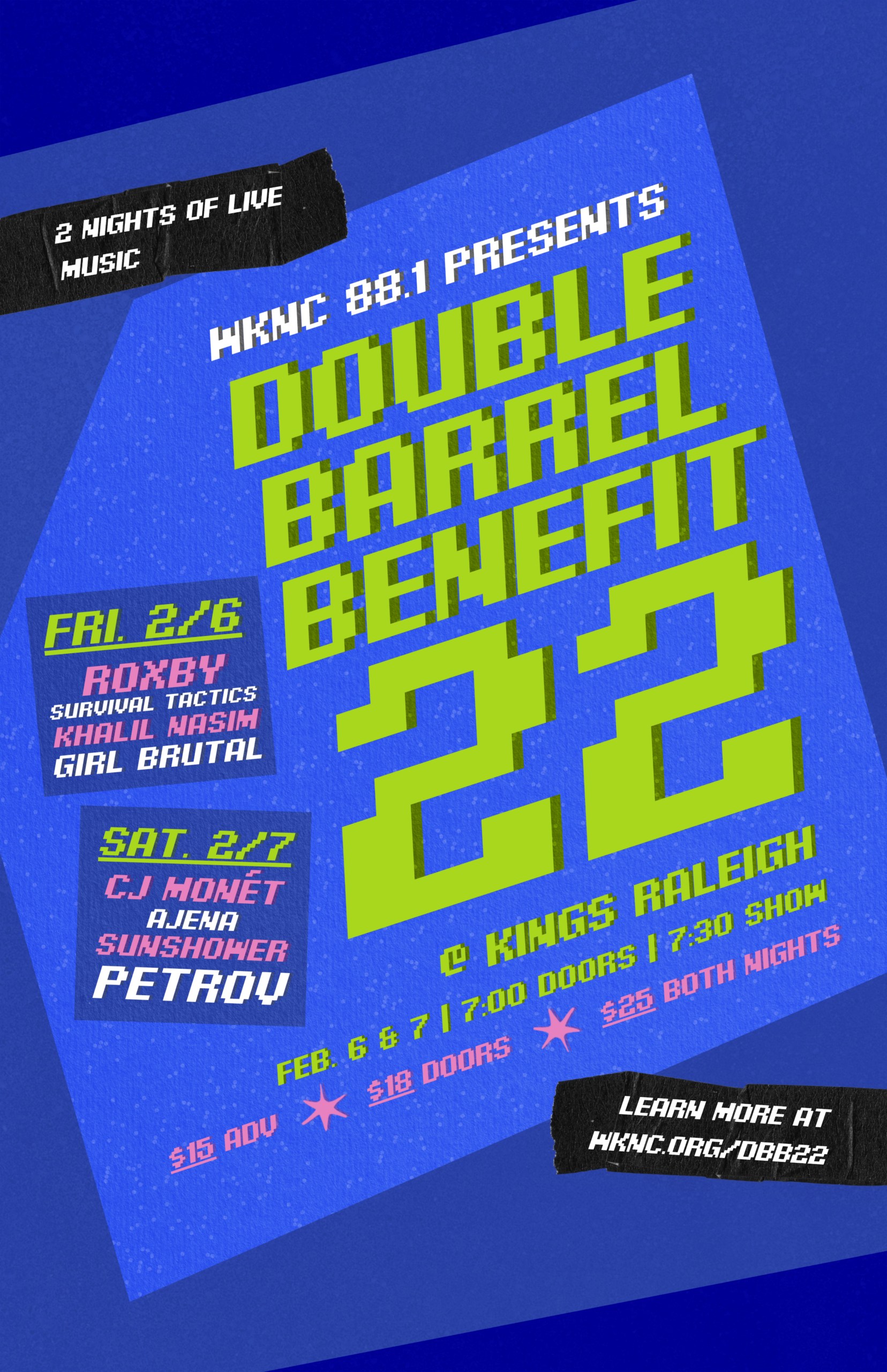 Promotional poster for "Double Barrel Benefit 22" with event details and bold geometric design.