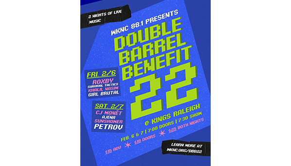 Promotional poster for "Double Barrel Benefit 22" with event details and bold geometric design.