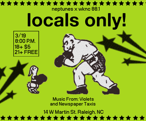 Green flyer with a boxer preparing to fight a bunny, promoting the Neptunes and WKNC event Locals Only on the third Thursday of each month.