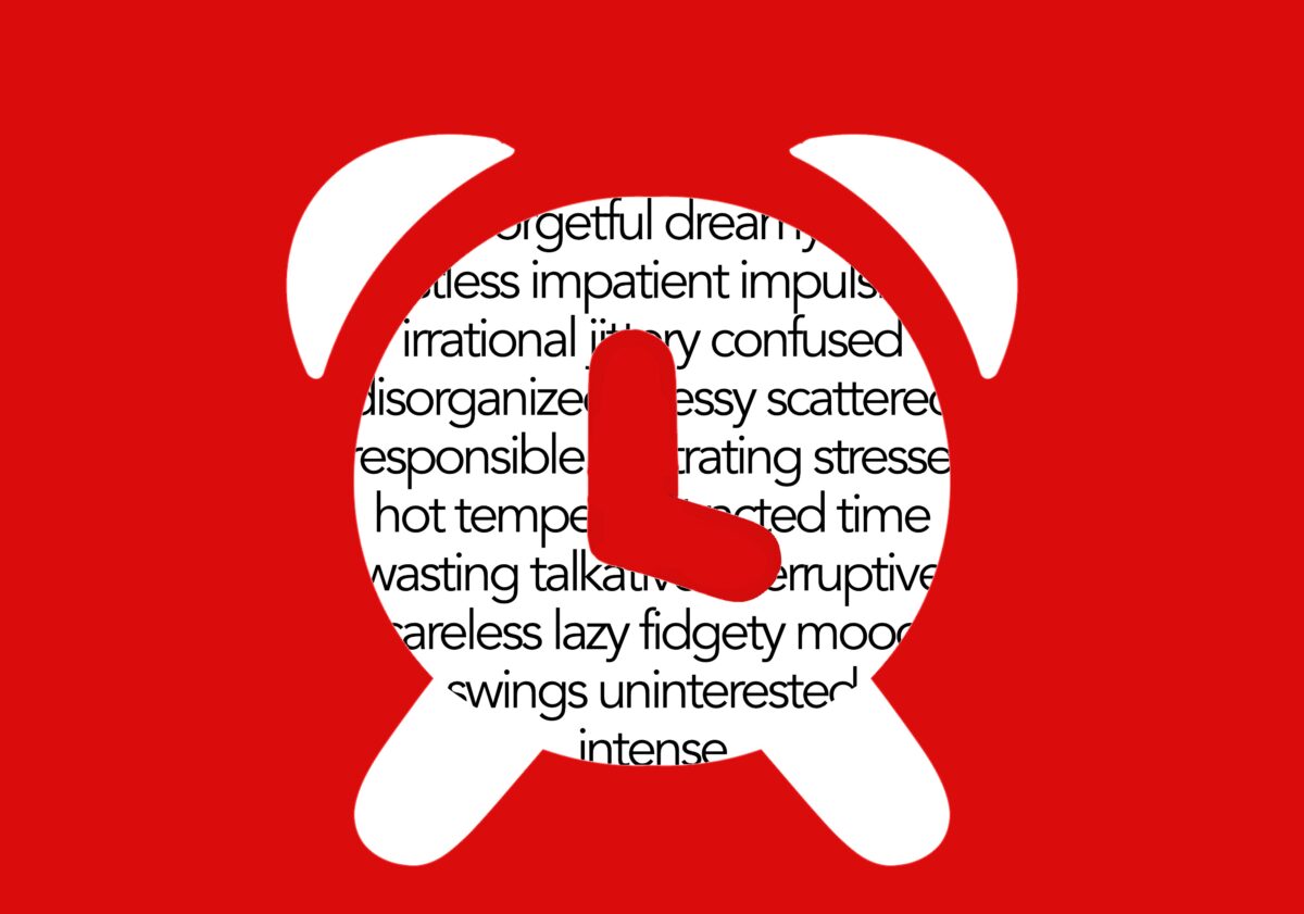 Stylized white alarm clock with ADHD symptoms listed inside. Created by Killian Le.