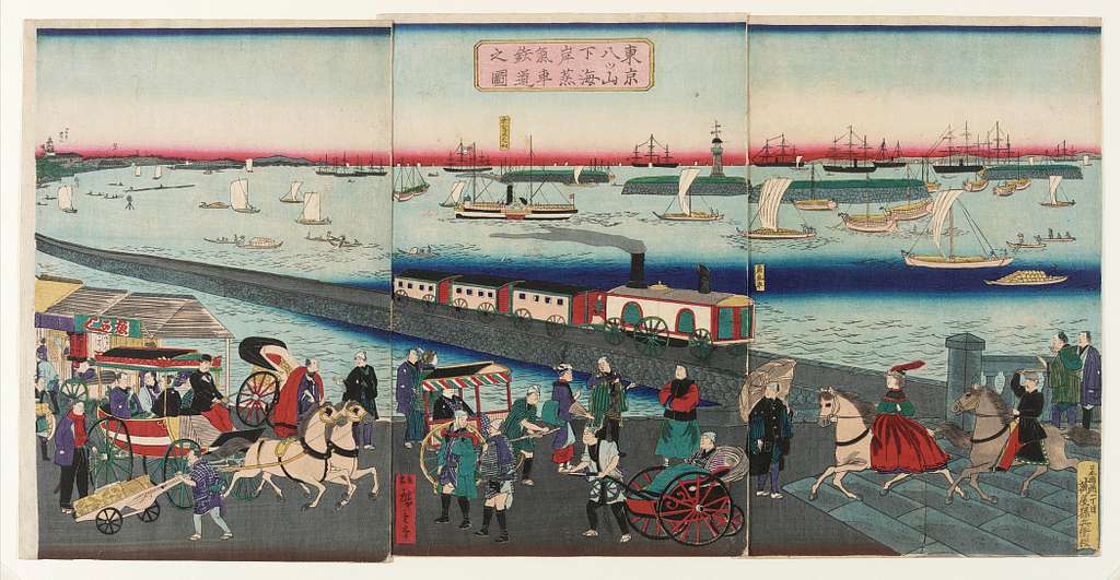 3 piece print depicting a steam engine approaching a busy looking market harbor town