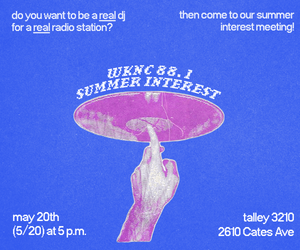 Recruitment ad for WKNC interest meeting on May 20 at 5 p.m. in Talley 3210.