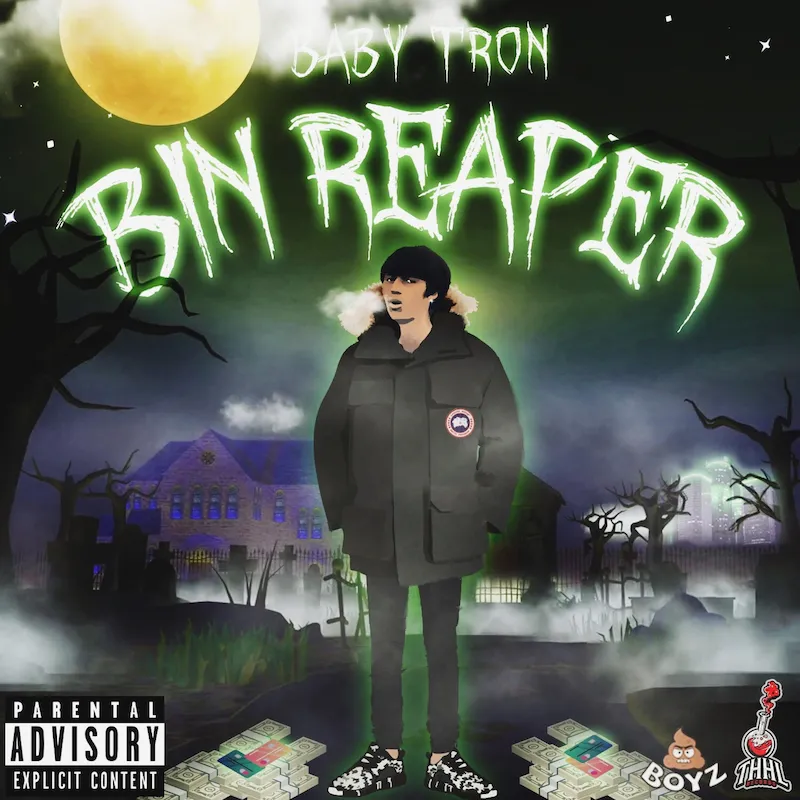 A drawing depicting Babytron in a Canada Goose winter coat, taking place at night in a foggy graveyard with a full moon. Above Babytron is the name of the album, stylized in a font with a macabre motif.