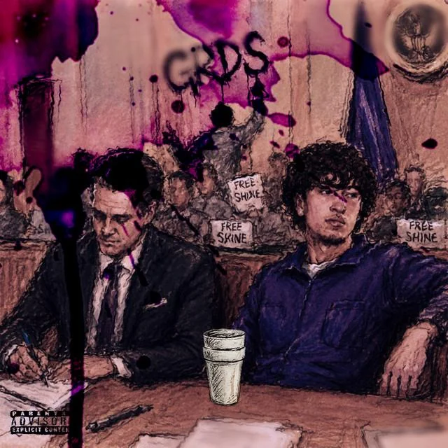 A watercolor painting of Jasper William Johnson, more commonly known by his artist name "Lil Shine," in a courtroom setting with a suit-wearing defense attorney by his side. There are also two styrofoam cups stacked on top of each other placed closely to Lil Shine, on the table he and his lawyer sit near. The double-cup is significant, as it is imagery closely associated with the recreational narcotic beverage colloquially referred to as "lean." Behind the pair are a myriad of individuals in attendance of the courtroom proceedings, with many holding signs with "Free Lil Shine" written on them. Behind that crowd is a masked individual spray painting the letters "GRDS" on the courtroom walls, which serves as the only reference to the title of the album. The image is rife with what appears to be purple stains, likely due to the color being one most associated with “lean.” In addition to these stains, the image has an element of distortion and mild warping present throughout, creating a hazy atmosphere.