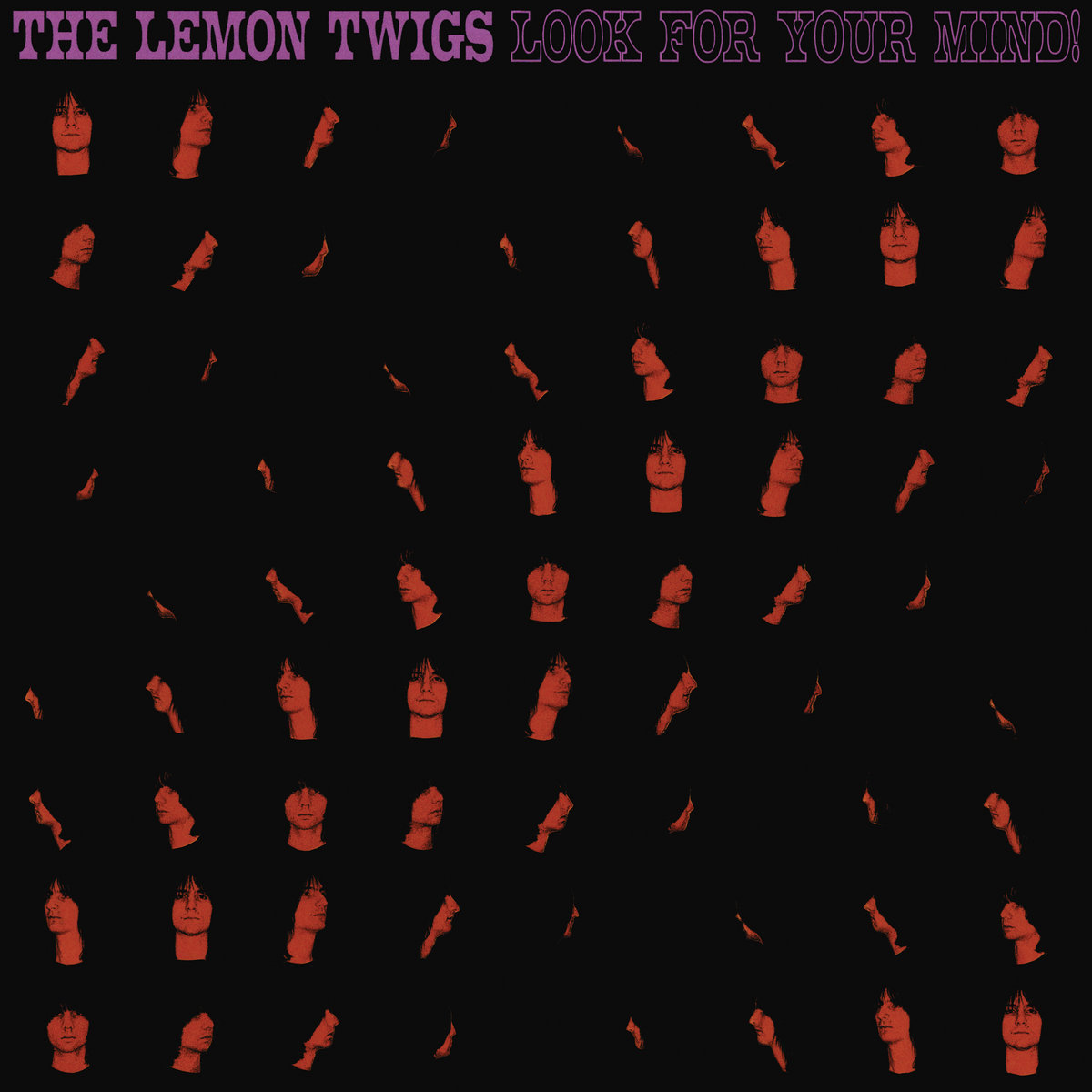 The Album cover for "Look For Your Mind", by The Lemon Twigs. Brothers Brian and Michael D'Addario are composited onto a black background, with their faces composing an optical illusion akin to an oscillating wave pattern.