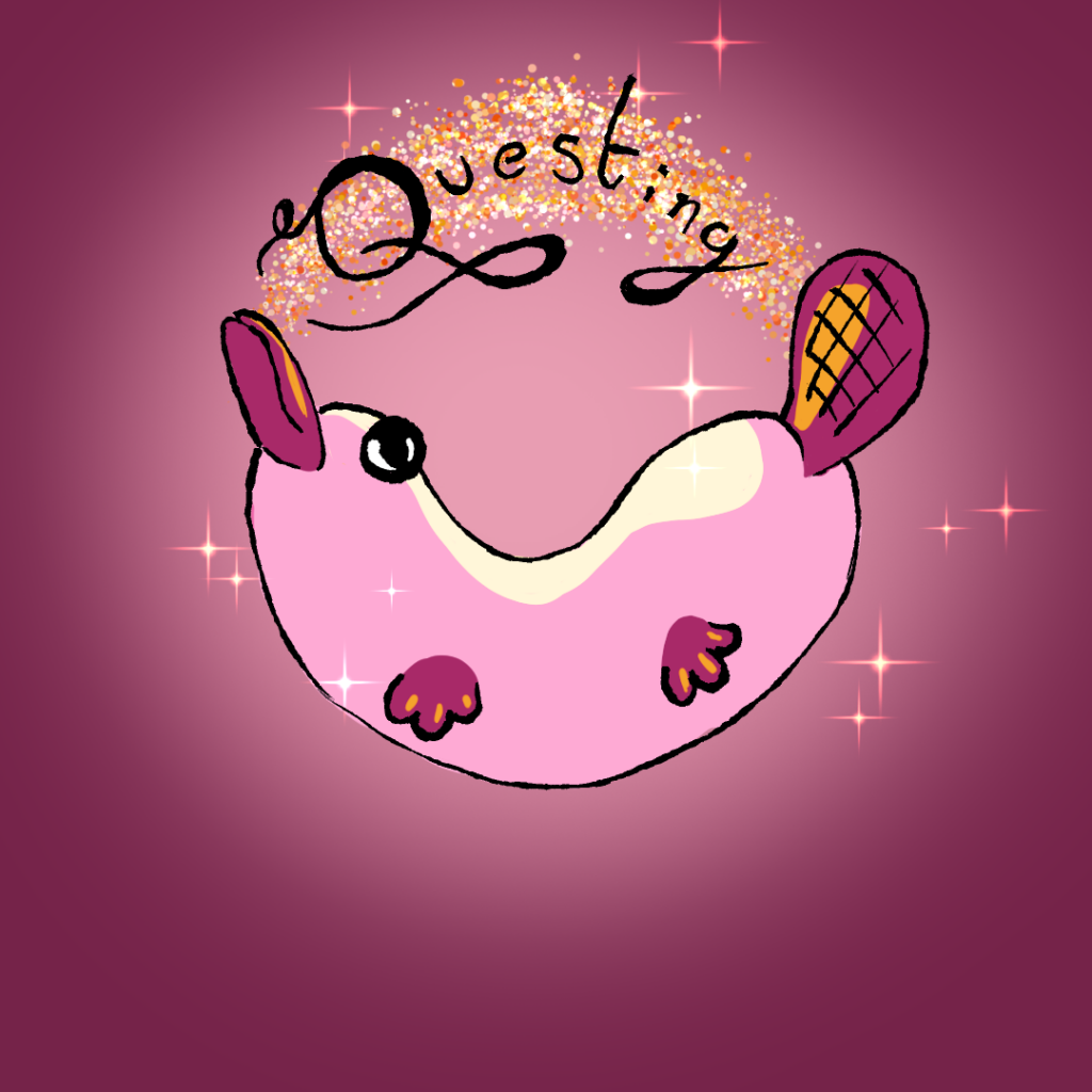 A cartoon creature in pink with a white underbelly and a textured fin resembling an ice cream cone, surrounded by sparkles and the word "Questing" in an elegant script against a purple background.