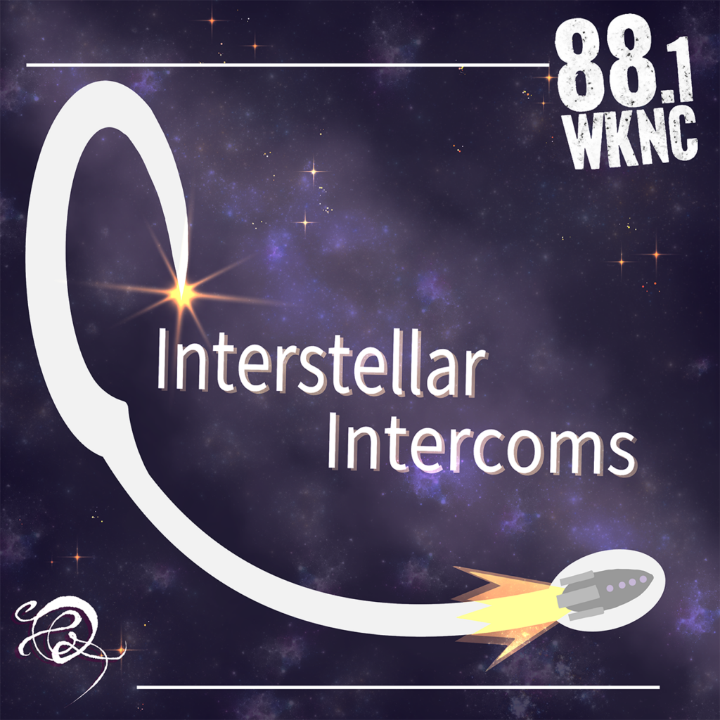 Artwork for Interstellar Intercoms podcast, a cosmic-themed graphic with a rocket launching to the right.