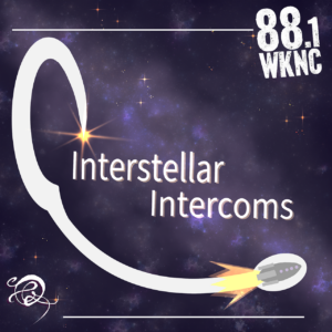 Artwork for Interstellar Intercoms podcast, a cosmic-themed graphic with a rocket launching to the right.