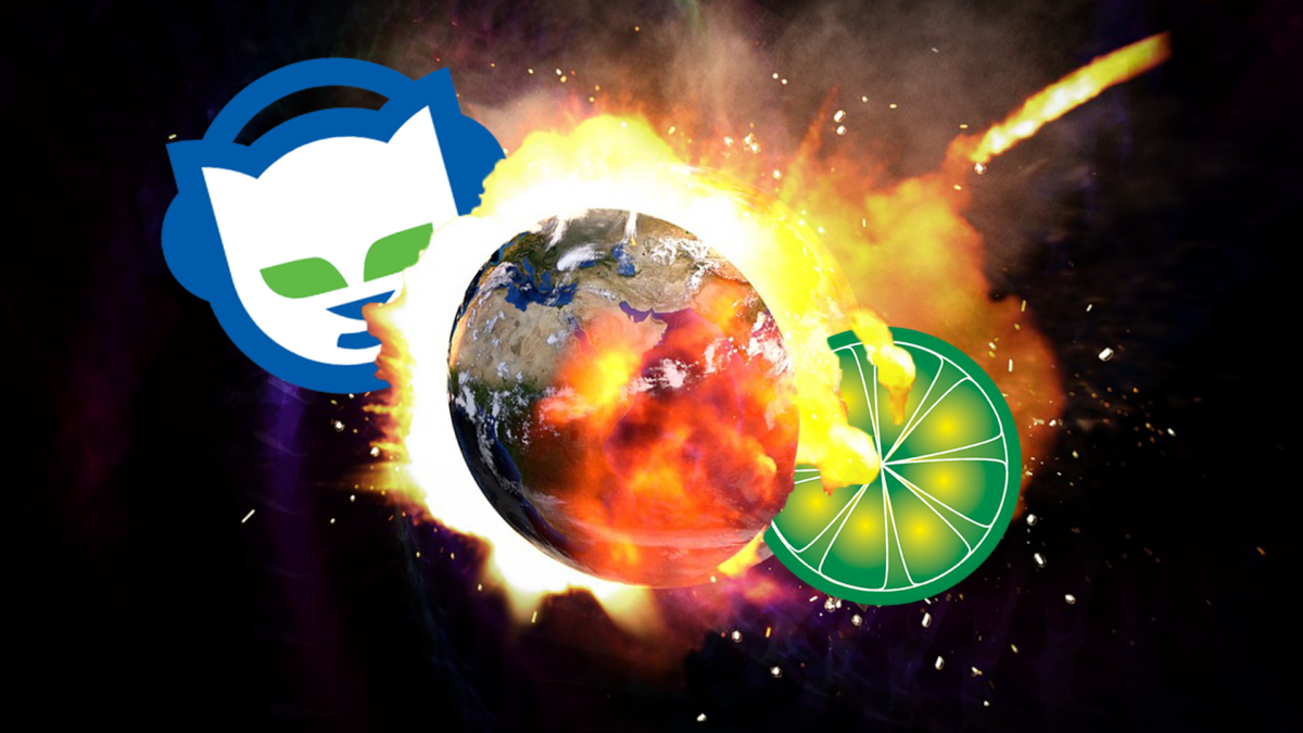 An edited image of an exploding Earth, with the Napster and Limewire logos superimposed on the left and right sides, respectively.