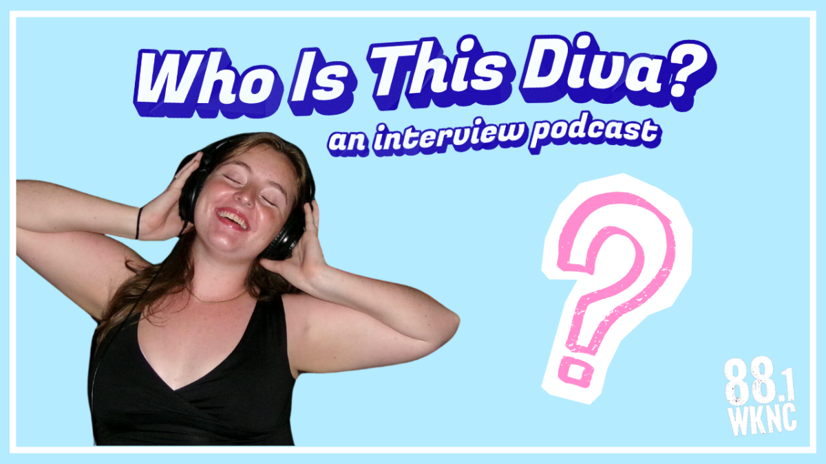 Julia Laursen wears headphones with her arms up on a blue background next to a pink question mark under text that reads "Who Is This Diva? an interviews podcast"