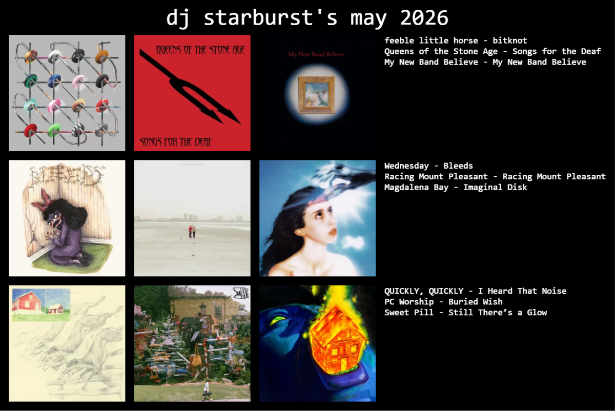 dj starburst's Topsters 3 chart for May 2026. Arranged in a 3x3 chart of album covers. Features "Bitknot" by Feeble Little Horse, "Songs for the Deaf" by Queens of the Stone Age, "My New Band Believe" by My New Band Believe, "Bleeds" by Wednesday, "Racing Mount Pleasant" by Racing Mount Pleasant, "Imaginal Disk" by Magdalena Bay, "I Heard That Noise" by Quickly, Quickly, "Buried Wish" by PC Worship, and "Still There's a Glow" by Sweet Pill.