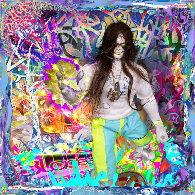 The album cover for "Sulfur Surfer" by Bladee. The image is very chaotic visually, featuring Bladee in corpse paint set against a backdrop of hardly legible graffiti. The colors are vibrant, almost iridescent with the rainbow color palette. In the top right corner, you can see the album title, and in the bottom left corner you can see the artist name. This is hard to see, however, due to the miniscule font utilized.