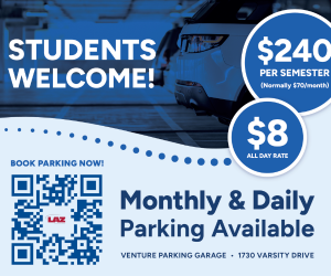 Promotional parking advertisement for students, displaying prices and a QR code for booking.