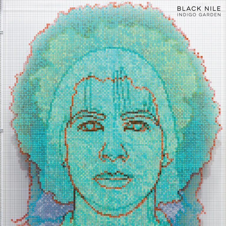 Album cover with a mosaic portrait of a person with a blue and turquoise color scheme, surrounded by curly hair in shades of green and blue.