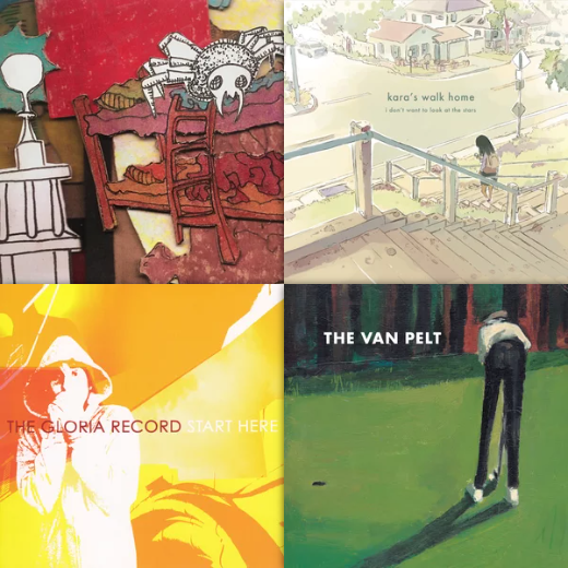A two-by-two grid showcasing the albums this review refers to, being Fancy Cookies by oh my god elephant, I Don't Want To Look At The Stars by Kara's Walk Home, Start Here by The Gloria Record, and Sultans of Sentiment by The Van Pelt.