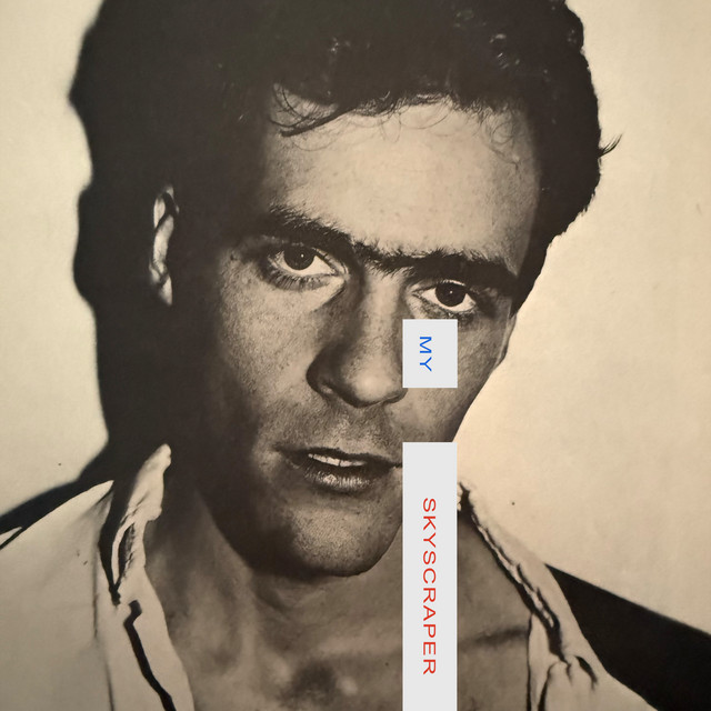 A younger black and white photo of the artist Nirosta Steel, with brief graphic design just straight offcenter proclaiming the words "My Skyscraper".