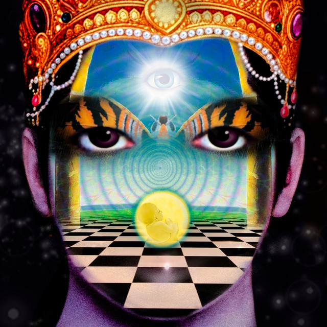 A purposefully psychidelic and trippy image displaying the visage of a face. The caveats are that many features are either removed or abstracted, further leaving the image confounding