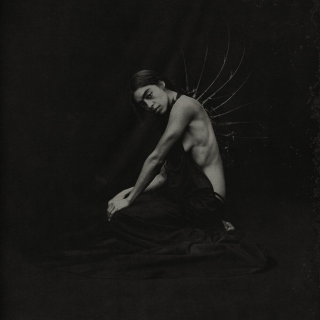 A photo of the singer-songwriter, Kelsey Lu, hunched over in greyscale. She is shrouded in black bar this.