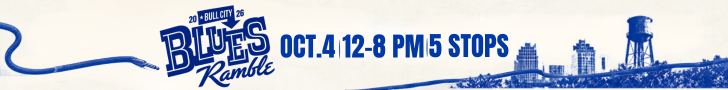 Banner for the “Blues Ramble,” advertising October 4 from 12–8 PM with five stops, featuring a blue city skyline and water tower.