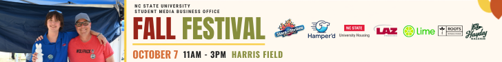 Banner for the NC State University Student Media Business Office Fall Festival on October 7 from 11 a.m. to 3 p.m. at Harris Field, with a photo of two people under a canopy and sponsor logos.