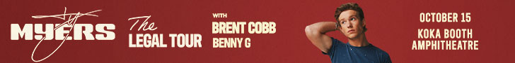 Red event banner for “MYERS: The Legal Tour,” featuring Brent Cobb and Benny G., October 15 at Koka Booth Amphitheatre, with a man in a blue shirt pictured on the right.