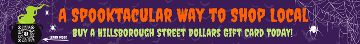 Halloween Hillsborough Street Trick or Treat event banner promoting a family-friendly celebration and volunteer opportunities, with a QR code for sign-up.