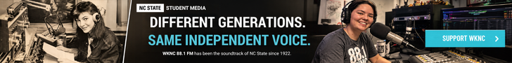 Banner for NC State’s WKNC student radio featuring radio studio photographs and the message Different generations. Same independent voice.